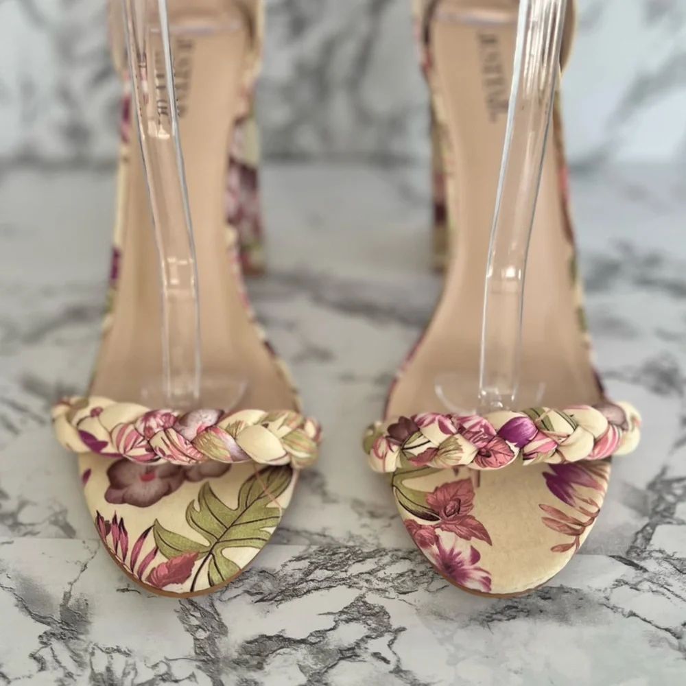JustFab Tami Sandal Floral Yellow Ankle Strap Block Heel 10 Garden Cocktail